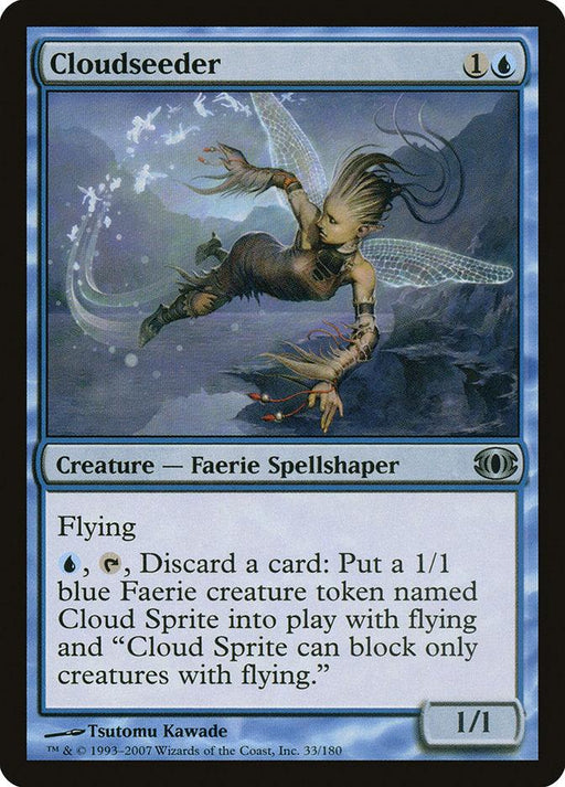The Magic: The Gathering card titled "Cloudseeder [Future Sight]" features a winged Faerie Spellshaper with shimmering wings and light blue clothing. It costs one blue mana and one generic mana, has 1/1 power/toughness, and abilities related to discarding cards to create Cloud Sprite creature tokens with flying.