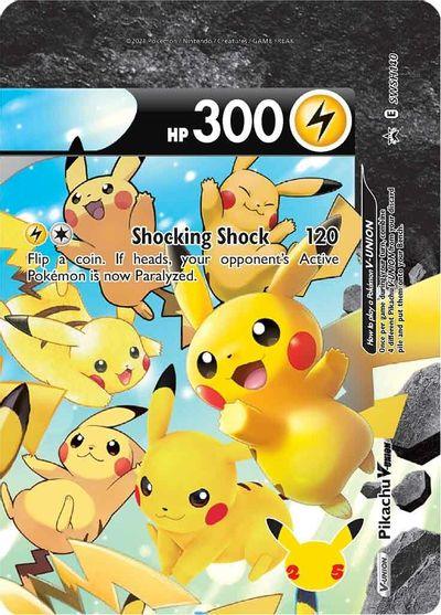 A Pokémon card featuring Pikachu and numerous variants of Pikachu in dynamic poses. The card, from the Sword & Shield: Black Star Promos series, showcases Pikachu V-UNION (SWSH140) (Celebrations) [Sword & Shield: Black Star Promos] with an HP of 300 and an attack named "Shocking Shock." This attack has 120 power and can paralyze the opponent's Pokémon if a coin flip lands heads. The background is a bright sky with clouds.