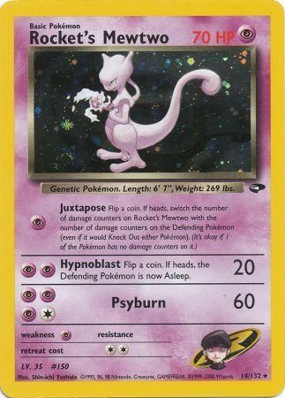 The image displays a Gym Challenge Unlimited series Holo Rare Pokémon trading card featuring Rocket's Mewtwo, which has 70 HP. This Psychic type card includes Juxtapose and Hypnoblast attacks that inflict 0 and 20 damage, respectively, along with a Psyburn attack dealing 60 damage. The card number is 14/132, and Mewtwo is highlighted with a purple border.