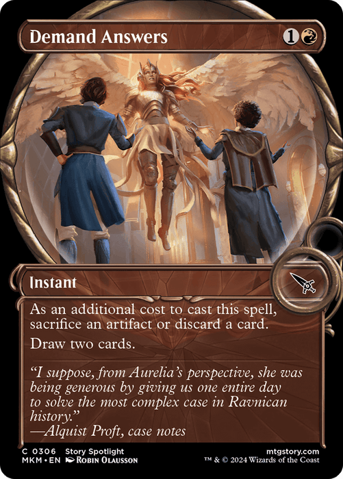 A Magic: The Gathering card titled "Demand Answers (Showcase) [Murders at Karlov Manor]." The card image depicts two figures confronting a glowing angelic figure. This instant, costing 1 generic and 1 white mana, requires sacrificing an artifact or discarding a card to draw two cards, uncovering secrets tied to Ravnican history.