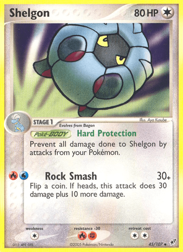 A Shelgon (45/107) [EX: Deoxys] card from the Pokémon set. This Uncommon card features Shelgon encased in a blue shell with yellow eyes and boasts 80 HP. Its abilities are 