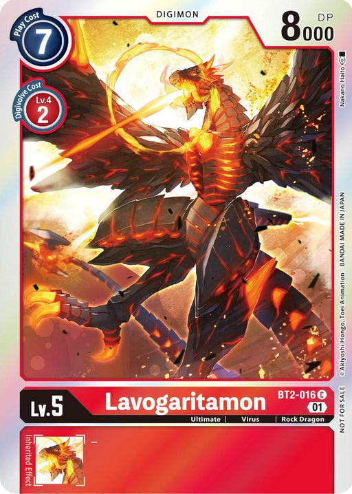 A Digimon Lavogaritamon [BT2-016] (ST-11 Special Entry Pack) [Release Special Booster Promos] card featuring Lavogaritamon, a fierce dragon engulfed in flames. It has piercing red eyes, large wings, and is surrounded by fire and molten rock. The card details include Play Cost 7, Digivolve Cost 2, 8000 DP, and it is a Level 5 Ultimate with a Virus attribute and Rock Dragon type.