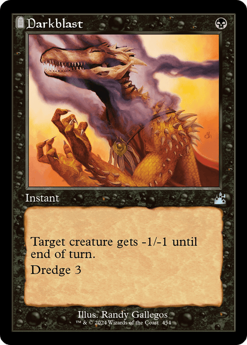 A Magic: The Gathering card named "Darkblast (Retro Frame) [Ravnica Remastered]," featured in Ravnica Remastered. The black frame has intricate detailing, and the artwork by Randy Gallegos depicts a fearsome, dragon-like creature with fiery scales and lethal claws. An instant, it reads, "Target creature gets -1/-1 until end of turn. Dredge 3.