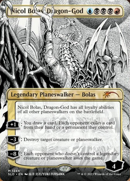 The image shows a card from the Magic: The Gathering game titled "Nicol Bolas, Dragon-God (Borderless) [Secret Lair Drop Series]." This Legendary Planeswalker features a dragon character with glowing eyes. Its abilities include stealing loyalty from other Planeswalkers, drawing cards and forcing discards, destroying creatures or Planeswalkers, and mind control over non-legendary creatures.
