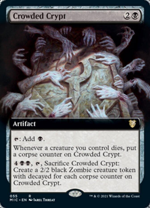 The Magic: The Gathering card "Crowded Crypt (Extended Art) [Innistrad: Midnight Hunt Commander]" from Innistrad: Midnight Hunt Commander depicts a crypt door besieged by spectral hands reaching out. This artifact costs 2 colorless and 1 black mana, generates black mana, and can be sacrificed to create black Zombie creature tokens equal to the corpse counters on it.