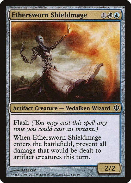 The image is of a Magic: The Gathering card named "Ethersworn Shieldmage [Archenemy]," an Artifact Creature — Vedalken Wizard that costs 1 colorless, 1 white, and 1 blue mana to play. With power/toughness of 2/2, it has Flash and prevents all damage to artifact creatures this turn upon entering the battlefield. The illustration depicts a cloaked