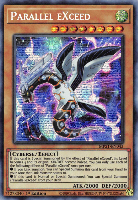 An image of a Yu-Gi-Oh! trading card named "Parallel EXceed [MP21-EN043] Prismatic Secret Rare." This Prismatic Secret Rare card from the 2021 Tin of Ancient Battles features a cybernetic, winged insect with metallic, segmented body parts against a vibrant, holographic background. Card text describes its effect, and its ATK and DEF are both 2000. The card's code is MP