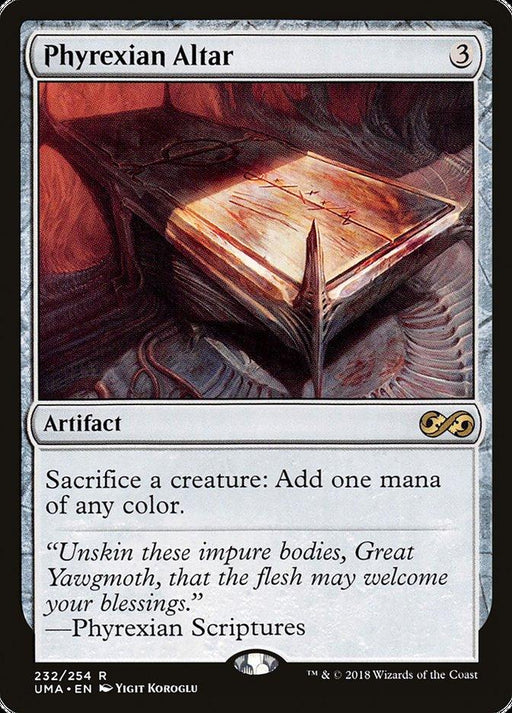 A detailed artistic depiction of the rare "Phyrexian Altar [Ultimate Masters]" card from Magic: The Gathering. The artifact card shows an altar bathed in a warm, eerie glow with bloodstains and a sacrificial knife. The card text reads: "Sacrifice a creature: Add one mana of any color." Decorative borders frame the card.