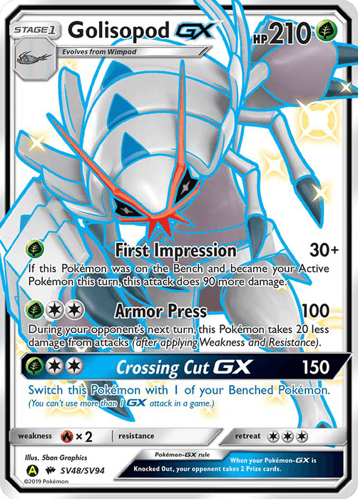 The image shows a Pokémon Golisopod GX (SV48/SV94) [Sun & Moon: Hidden Fates - Shiny Vault] trading card from the Sun & Moon: Hidden Fates series, featuring Golisopod GX. Golisopod GX is depicted as a large, armored bug-like creature with sharp claws. The card shows its HP of 210 and its moves: "First Impression," "Armor Press," and "Crossing Cut GX." It has a shiny, holographic background.