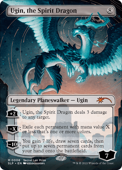 A trading card titled "Ugin, the Spirit Dragon (Borderless) [Secret Lair Showdown]" from the Magic: The Gathering collection depicts a blue-green spectral dragon with large wings. As a Legendary Planeswalker, Ugin boasts a mana cost of eight and has three unique abilities with specific effects, beginning with a loyalty counter of seven.