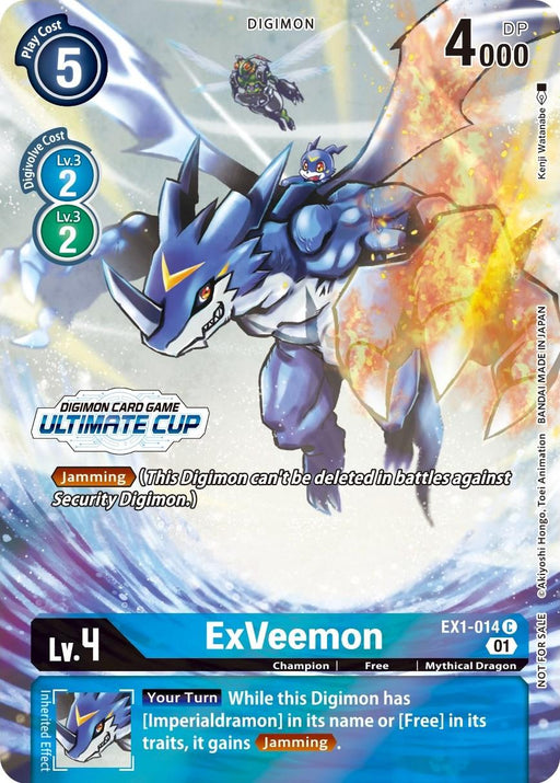 Presenting the ExVeemon [EX1-014] (April Ultimate Cup 2022) card from the Digimon Classic Collection Promos. This card displays a dynamic blue and white dragon-like Digimon with metallic accents, captured mid-flight. It's a Level 4 Champion with 4,000 DP and possesses the Jamming ability. The card also features additional text and symbol details for enhanced gameplay.