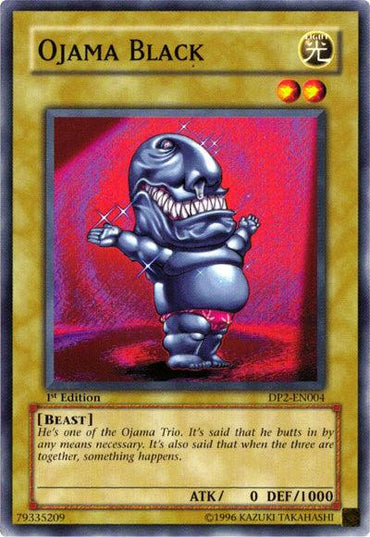 Part of Chazz Princeton's Duelist Pack 2, the common card Ojama Black [DP2-EN004] from the Yu-Gi-Oh! series depicts a cartoonish creature with a hippo-like face and muscular build, clad in pink shorts. This Level 2 BEAST card has an ATK of 0 and DEF of 1000 and is a member of the amusing Ojama Trio.