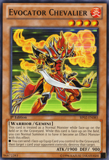 Behold the image of "Evocator Chevalier [BP02-EN085] Mosaic Rare," a Yu-Gi-Oh! trading card presenting a fiery, armored warrior brandishing a large sword, wearing a red plume helmet, and set against a blazing background. As a Level 4 Warrior/Gemini Monster, it impresses with 1900 ATK and 900 DEF. Available in Battle Pack 2: War of the Giants, this card's text reveals its special abilities.