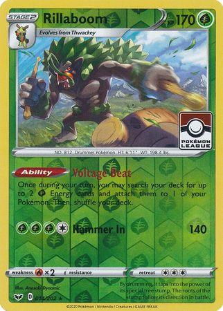 A Pokémon card of Rillaboom (014/202) (League Promo) [Sword & Shield: Base Set], a Grass-type Stage 2 Pokémon with 170 HP, which evolves from Thwackey. This Sword & Shield promo card features its Voltage Beat ability, Hammer In attack, and information like weaknesses, resistances, and retreat cost. The background is green with a holographic pattern.