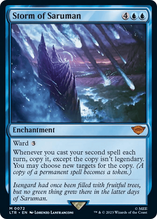 The image shows a Magic: The Gathering card titled "Storm of Saruman [The Lord of the Rings: Tales of Middle-Earth]." It's an enchantment card costing 4 blue mana and 2 generic mana. The illustration features a stormy, mystical landscape with swirling blue energy. The card has abilities "Ward 3" and a unique spell-copying mechanic.
