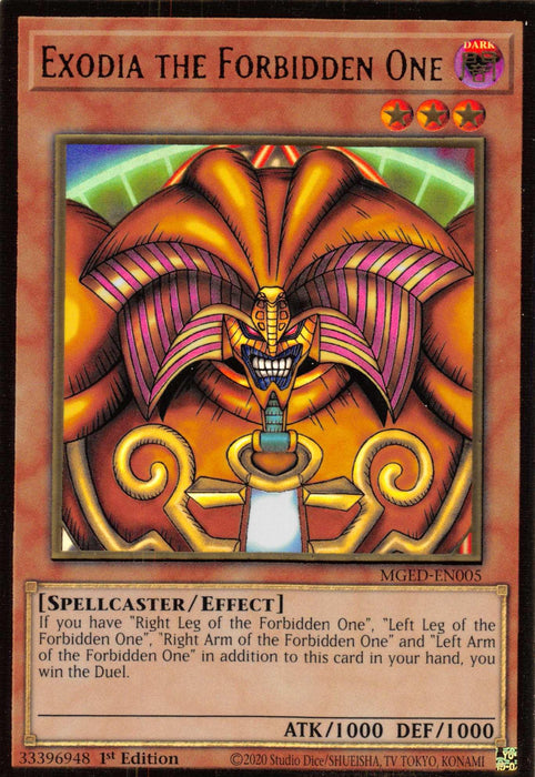 A "Yu-Gi-Oh!" trading card depicting Exodia the Forbidden One [MGED-EN005] Gold Rare. The card showcases a menacing, muscular figure with purple and gold armor and multiple eyes. As an Effect Monster, its powerful ability ensures that if all five pieces of Exodia are assembled, the player wins the duel.