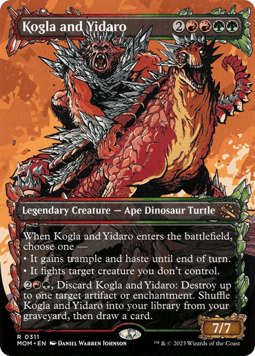 A Magic: The Gathering card titled "Kogla and Yidaro (Showcase Planar Booster Fun) [March of the Machine]." This Legendary Creature, a dual entity part ape, part dinosaur turtle, emerges from a fiery background. It exudes power and aggression, with abilities detailed in its text: 2 red, 2 green mana cost, boasting impressive 7/7 power and toughness.