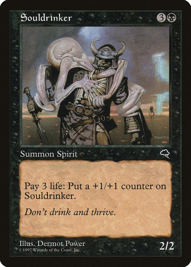 A Magic: The Gathering trading card, "Souldrinker [Tempest]," features an armored creature with a large, translucent spirit attached to its shoulders. The card's text reads, "Pay 3 life: Put a +1/+1 counter on Souldrinker. Don't drink and thrive," and it has a power/toughness of 2/2.