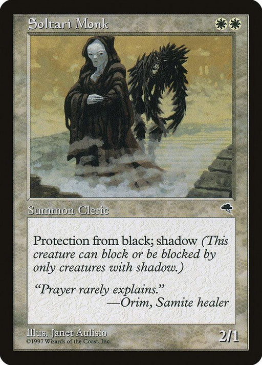 A Magic: The Gathering card from the Tempest set titled "Soltari Monk [Tempest]." It features a ghostly monk with translucent robes, accompanied by a spectral figure. The beige banner displays its title and two white mana symbols. The text reads: "Protection from black; shadow." Illustrated by Janet Aulisio.
