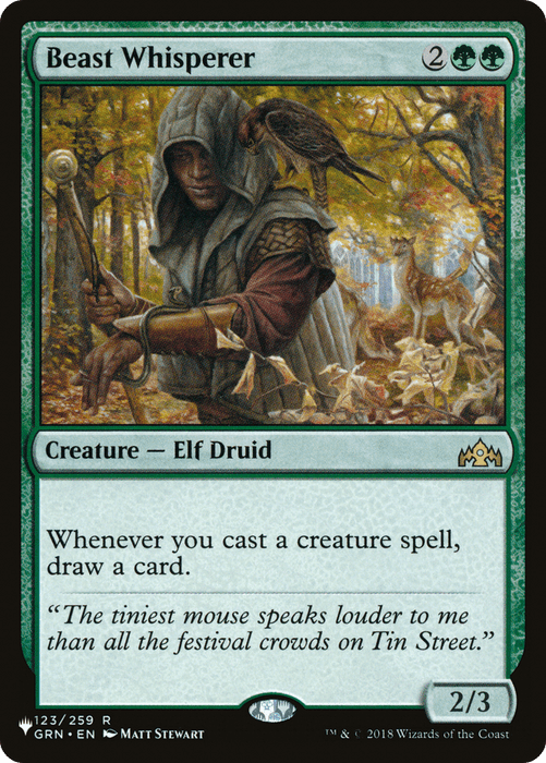 A Magic: The Gathering card titled "Beast Whisperer [Secret Lair: From Cute to Brute]." This rare Creature Elf Druid depicts an elf druid in a forest setting, with animals like a deer and a bird around him. The elf holds a staff, is cloaked in green, and appears to be communicating with the animals. Text describes the card's abilities and flavor.