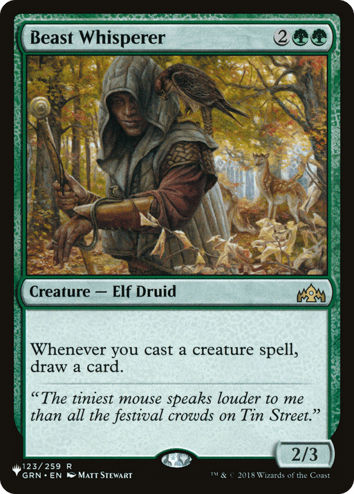 A Magic: The Gathering card titled "Beast Whisperer [Secret Lair: From Cute to Brute]." This rare Creature Elf Druid depicts an elf druid in a forest setting, with animals like a deer and a bird around him. The elf holds a staff, is cloaked in green, and appears to be communicating with the animals. Text describes the card's abilities and flavor.