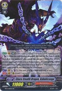 A trading card from the "Cardfight!! Vanguard" game featuring the Double Rare, Shura Stealth Dragon, Kabukicongo (BT13/010EN) [Catastrophic Outbreak]. The Abyss Dragon has dark, menacing armor with purple and blue hues, jagged wings, and a fiery background. Text describing its abilities and stats is on the card. The power level is 11000. This card is produced by Bushiroad.