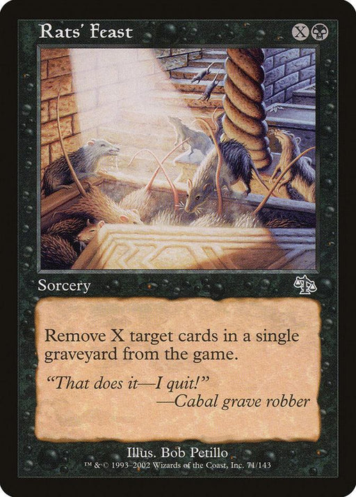The image features a Magic: The Gathering card titled "Rats' Feast [Judgment]." The artwork by Bob Petillo depicts rats gnawing on a hanging corpse in a dimly-lit stone room. This sorcery card's text reads: "Exile X target cards from a single graveyard.