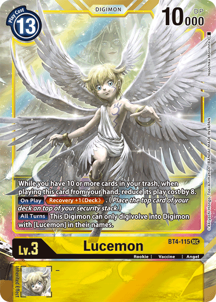 Feast your eyes on the Lucemon [BT4-115] (Alternate Art) card from Digimon's Great Legend series. This Secret Rare trading card features Lucemon, a Rookie Vaccine Angel, with stunning wings and a halo set against a vibrant yellow background. It boasts a Play Cost of 13, DP of 10000, and Level 3 status. Explore the special abilities and effects detailed in the text box below the image for an enhanced gaming experience.