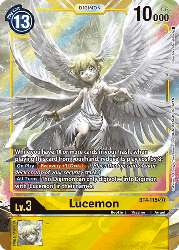 Feast your eyes on the Lucemon [BT4-115] (Alternate Art) card from Digimon's Great Legend series. This Secret Rare trading card features Lucemon, a Rookie Vaccine Angel, with stunning wings and a halo set against a vibrant yellow background. It boasts a Play Cost of 13, DP of 10000, and Level 3 status. Explore the special abilities and effects detailed in the text box below the image for an enhanced gaming experience.