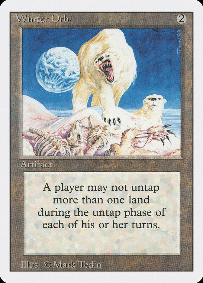 The image is of a Magic: The Gathering card named Winter Orb [Revised Edition]. This artifact features an illustration of a large, imposing polar bear standing in the snow with bones scattered around, while another bear looks up at it. The text reads: 