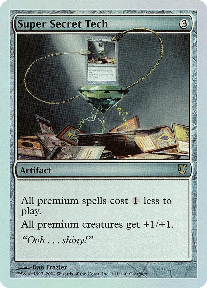 The Magic: The Gathering card "Super Secret Tech [Unhinged]" showcases a holographic display above an intricate machine, surrounded by floating cards and wires. This Unhinged Artifact reduces the cost of all premium spells by 1 and grants premium creatures +1/+1. Flavor text: "Ooh ... shiny!