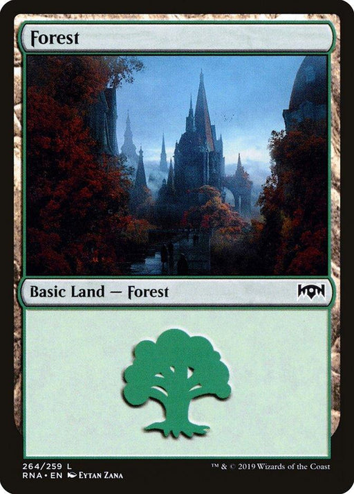 A Magic: The Gathering card titled "Forest (264) [Ravnica Allegiance]" features a somber forest scene leading to a gothic castle, evoking the mystique of Ravnica Allegiance. The sky is painted in dusky hues of blue and purple. The bottom half of the card provides the land type, "Basic Land – Forest," and showcases a green tree icon.