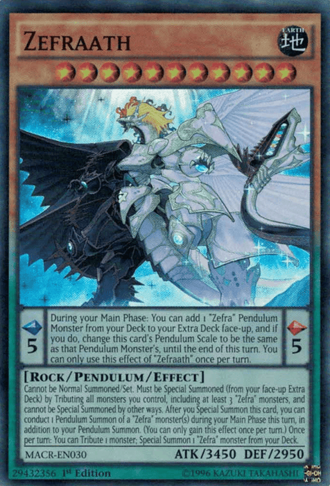 A Yu-Gi-Oh! trading card titled "Zefraath [MACR-EN030] Super Rare" with 3450 ATK and 2950 DEF. It has a Pendulum Scale of 5, classified as a Rock/Pendulum/Effect card. The artwork features a mystical, armored figure with a sword, surrounded by glowing runes and ethereal wisps from the Maximum Crisis set. The card has