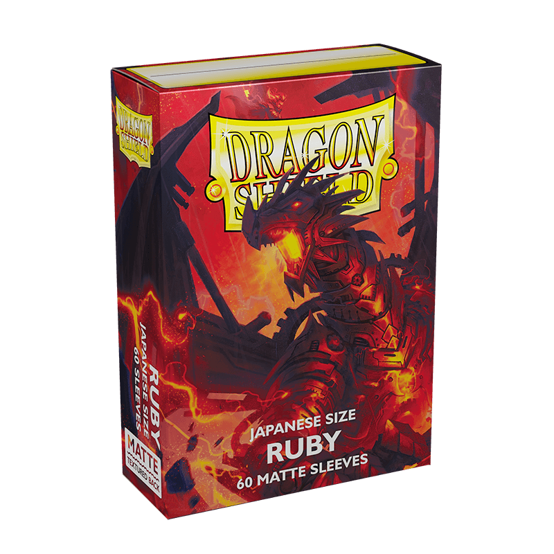 Box of Dragon Shield: Japanese Size 60ct Sleeves - Ruby (Matte) by Arcane Tinmen, featuring artwork of a fierce red dragon against a fiery background. The predominantly red box showcases the "Dragon Shield" yellow-gold shield logo along with the text "Japanese Size Ruby" and "60 Matte Sleeves" in white and black.