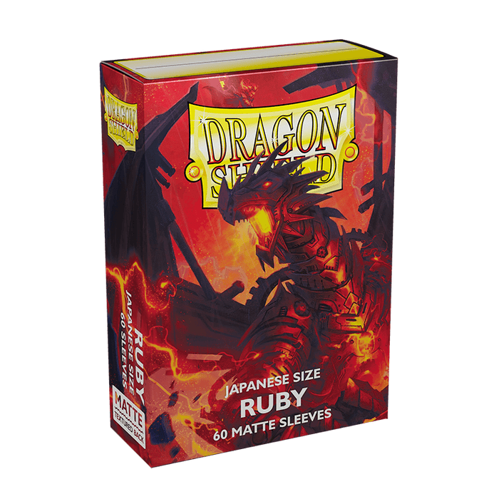 Box of Dragon Shield: Japanese Size 60ct Sleeves - Ruby (Matte) by Arcane Tinmen, featuring artwork of a fierce red dragon against a fiery background. The predominantly red box showcases the "Dragon Shield" yellow-gold shield logo along with the text "Japanese Size Ruby" and "60 Matte Sleeves" in white and black.