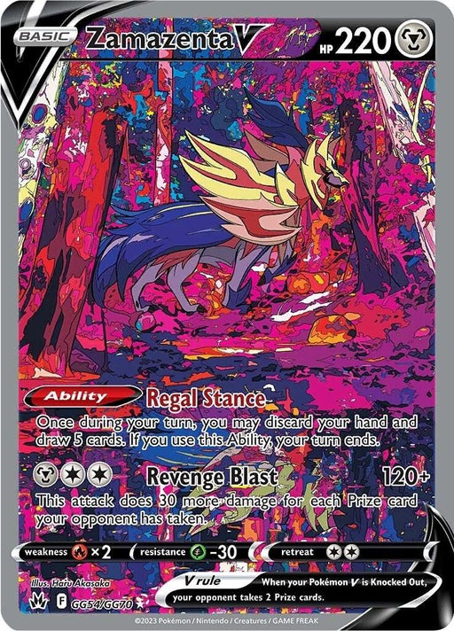A Pokémon trading card featuring Zamazenta V (GG54/GG70) [Sword & Shield: Crown Zenith]. The card shows Zamazenta, a quadruped with a shield-like face, amidst a colorful, abstract background. Key details: 220 HP, moves Regal Stance and Revenge Blast (120+ damage), resistance (-30) to grass type, weak to fire type, retreat cost (2).
