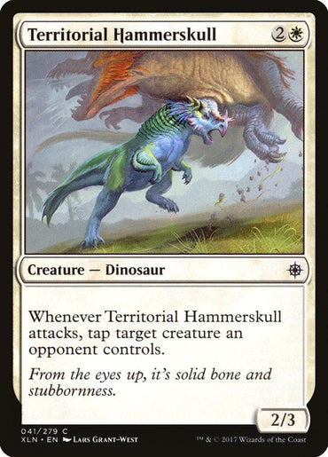 The Territorial Hammerskull card from Magic: The Gathering's Ixalan set, illustrated by Lars Grant-West, features a left-facing dinosaur with a hammer-shaped head in action. It has 2/3 power/toughness, highlighting the creature's abilities and costs.