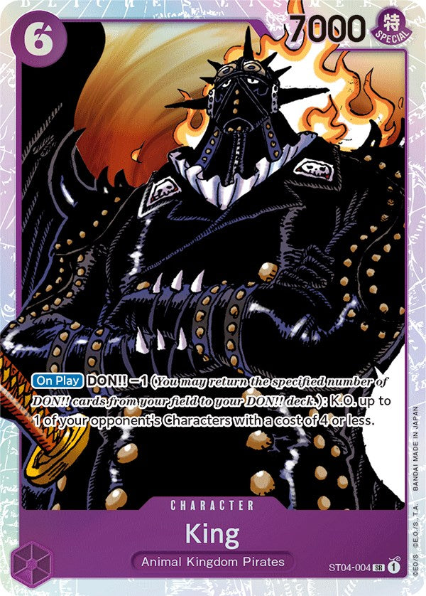 A trading card from the **King [Starter Deck: Animal Kingdom Pirates]** by **Bandai** featuring King, a character from the Animal Kingdom Pirates. The card shows a menacing figure in black armor with spikes and a horned helmet, standing amidst flames. The top of the Super Rare card reads 