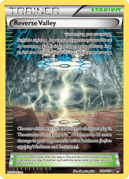 Image of a Pokémon trading card titled "Reverse Valley (110/122) [XY: BREAKpoint]" from the brand Pokémon. This uncommon Trainer Stadium card features a futuristic valley with a mirrored body of water. Depending on its facing direction, it either enhances Darkness Pokémon's attacks or decreases damage received by Metal Pokémon.