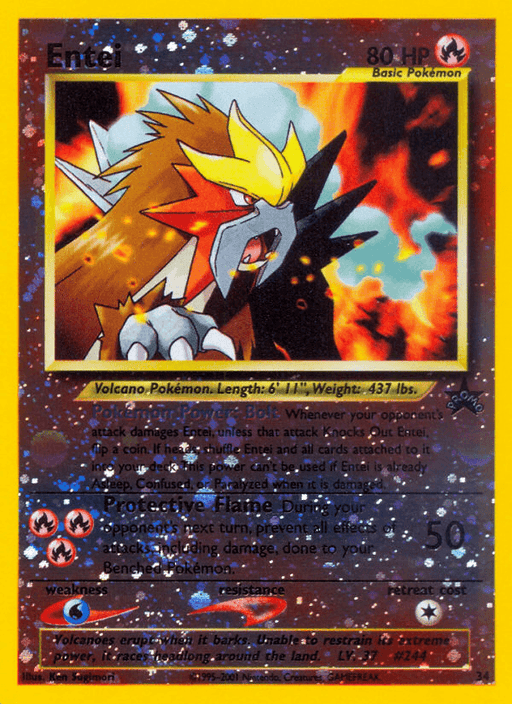 A Pokémon Entei (34) [Wizards of the Coast: Black Star Promos] trading card featuring Entei, part of the Black Star Promos series by Wizards of the Coast. The card has a shiny, holographic background and a yellow border. Entei, a large, lion-like Pokémon with a red mane and yellow mask, is in an aggressive stance. Details such as HP, abilities, and statistics are present along with text and symbols.