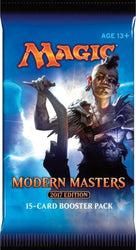 Discover the excitement of Magic: The Gathering with the Modern Masters 2017 - Booster Pack. The packaging features a fantasy character decorated with tattoos and armor, armed with a crossbow amidst a backdrop of blue lightning. Designed for ages 13 and up, it includes 15 meticulously chosen cards.