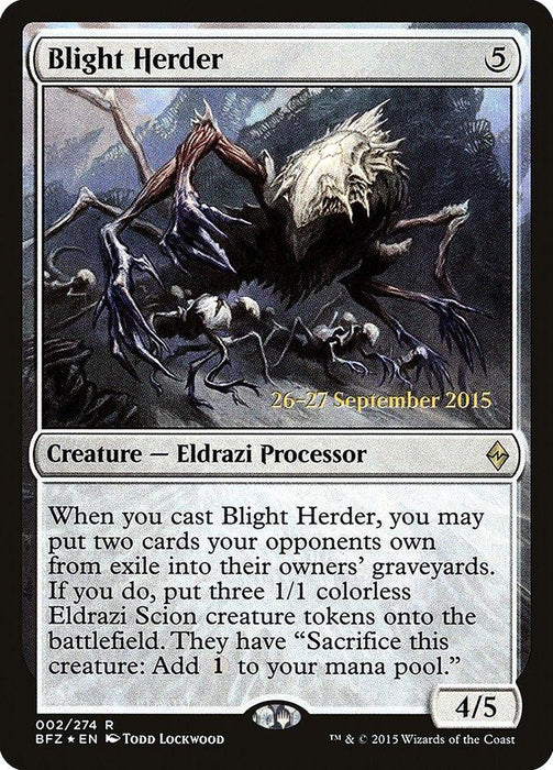 The image showcases the Magic: The Gathering card "Blight Herder [Battle for Zendikar Prerelease Promos]." It features artwork of a dark, spindly creature with multiple limbs and a skeletal appearance. Text on the card includes "Blight Herder," "Creature — Eldrazi Processor," and its abilities, including generating creature tokens. Artist credit reads "© 2015 Wizards of the