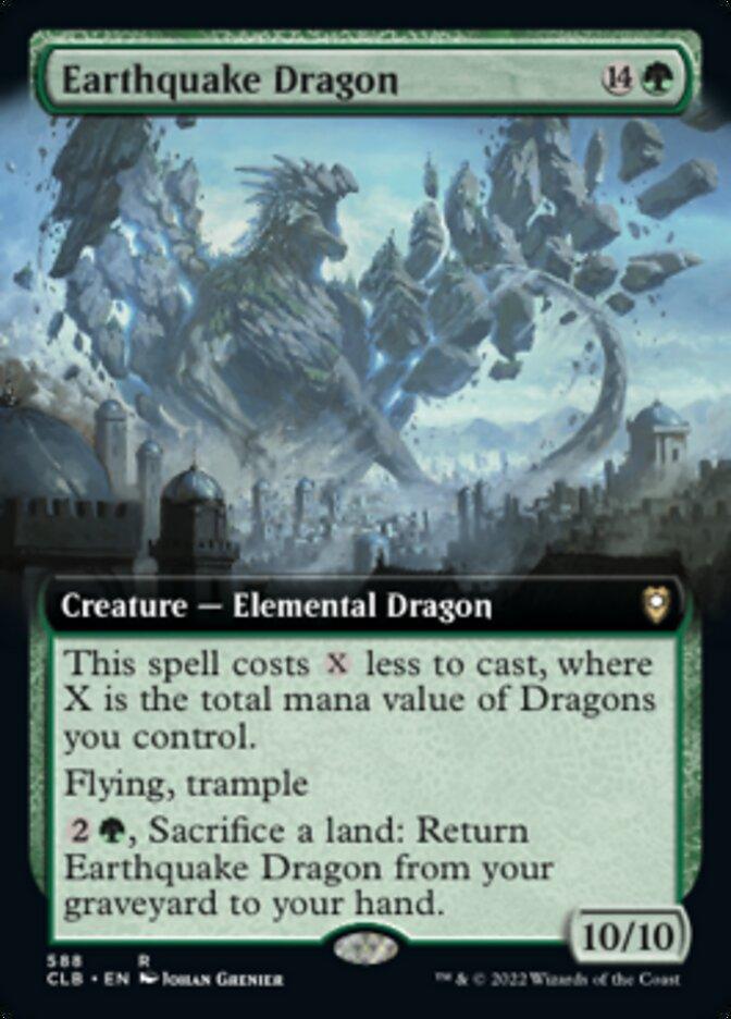 The image is a Magic: The Gathering card named "Earthquake Dragon (Extended Art) [Commander Legends: Battle for Baldur's Gate]" from Commander Legends. It costs 14 green mana and is a Creature - Elemental Dragon with 10/10 power and toughness. Its abilities include reduced cost based on dragons controlled, flying, trample, and land-sacrificing recovery.