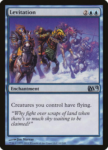 The Magic: The Gathering card "Levitation" from the Magic 2012 set is an Enchantment that costs 2 blue mana and 2 generic mana, granting creatures you control flying. Illustrated by Jim Murray, it features warriors riding horses levitating over a rugged landscape.