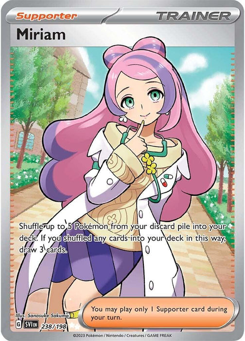 A Secret Rare Pokémon Trainer Supporter card from the Pokémon Base Set featuring Miriam (238/198) [Scarlet & Violet: Base Set]. She has pink hair styled in a ponytail with a green ribbon and is wearing a white lab coat. The card text says, "Shuffle up to 5 Pokémon from your discard pile into your deck. If you shuffled any cards into your deck in this way, draw 3 cards.