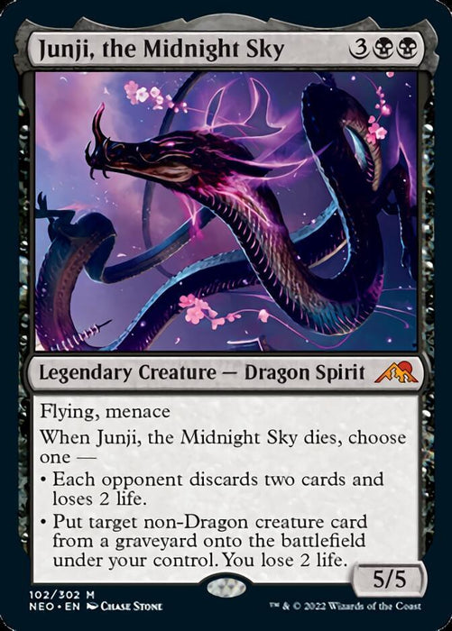 The image shows a Magic: The Gathering card named "Junji, the Midnight Sky [Kamigawa: Neon Dynasty]." It features a Dragon Spirit with pink glowing accents and several long, snake-like bodies and heads. The card has a mana cost of 3 black/black, a 5/5 power/toughness, and flying and menace abilities.