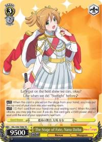 A character card from the "Revue Starlight" series featuring Nana Daiba. This trial deck card is yellow-bordered with white and blue accents, showcasing a flame symbol for its type. It includes an image of Nana, cost and power details, flavor text, and game effect descriptions. The Stage of Fate, Nana Daiba (RSL/S56-TE06 TD) [Revue Starlight] by Bushiroad.

