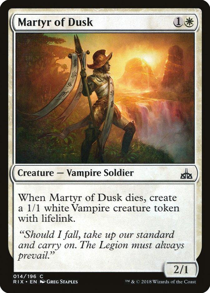 Magic: The Gathering product titled Martyr of Dusk [Rivals of Ixalan]. It costs 1 colorless and 1 white mana. This Vampire Soldier has power 2 and toughness 1. When it dies, it creates a 1/1 white Vampire creature token with lifelink. The flavor text reads, 