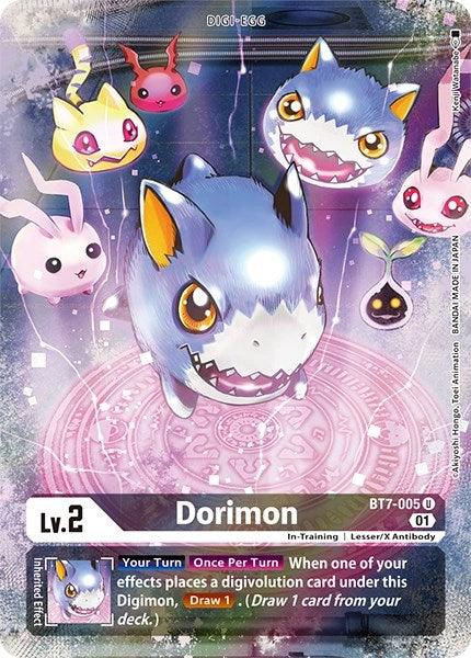 A Dorimon [BT7-005] (Alternate Art) [Dimensional Phase] Digimon trading card showcases a blue and white creature with sharp teeth and a small horn. Amidst other floating Digimon, the card is labeled "Lv. 2" and details abilities such as drawing a Digi-Egg when placing a digivolution card under Dorimon.