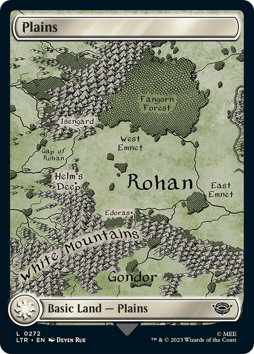 A "Magic: The Gathering" card titled "Plains (272) [The Lord of the Rings: Tales of Middle-Earth]" features a detailed medieval-style map labeled with various regions from J.R.R. Tolkien's Middle-earth, including Rohan, Isengard, Fangorn Forest, Helm's Deep, West and East Emnet, the White Mountains, and Gondor. This Basic Land card brings the Tales of Middle-Earth to vivid life.